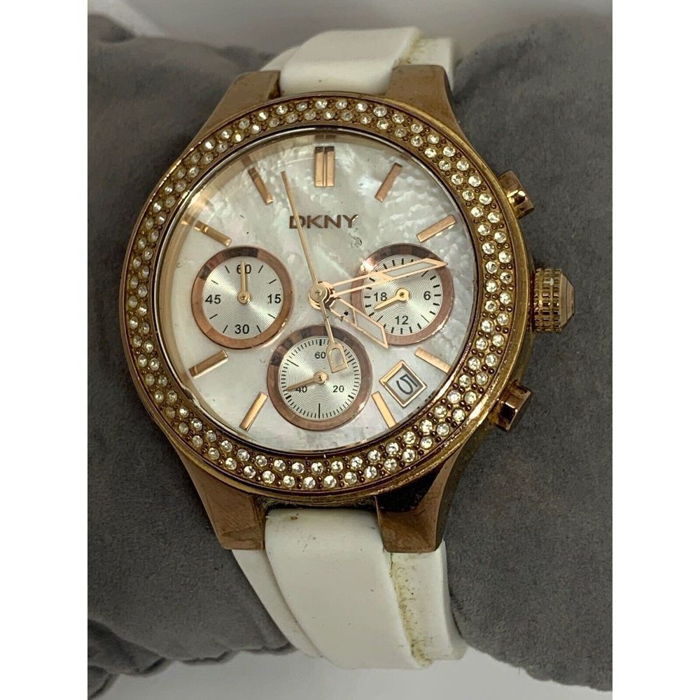 DKNY NY8198 Women's White Rubber Analog Mother Of Pearl Dial Wrist Watch W285
